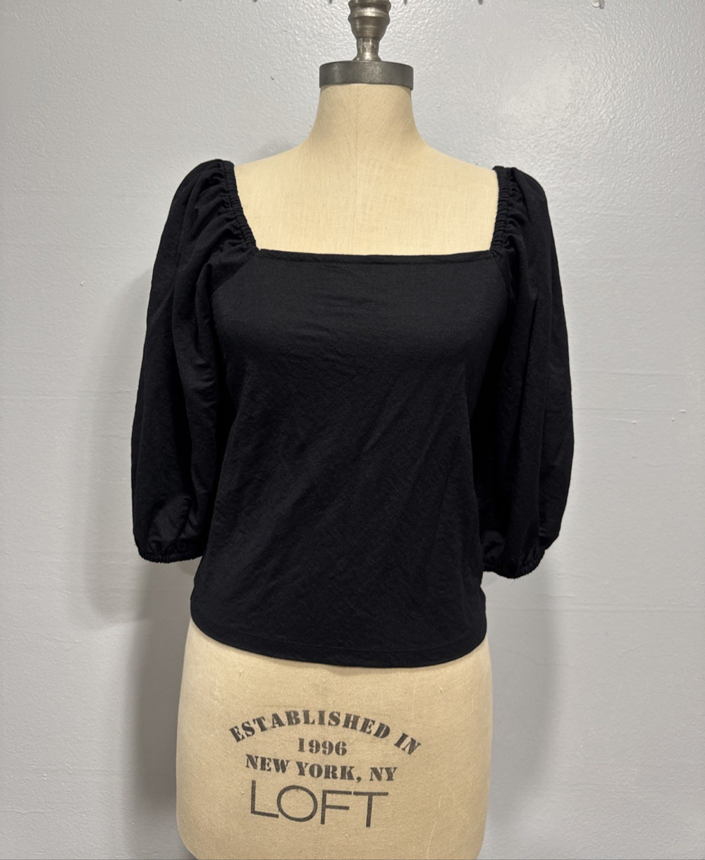 Ann Taylor Top M Black Square Neck Puff Sleeve Back Shirred Blouse Feminine